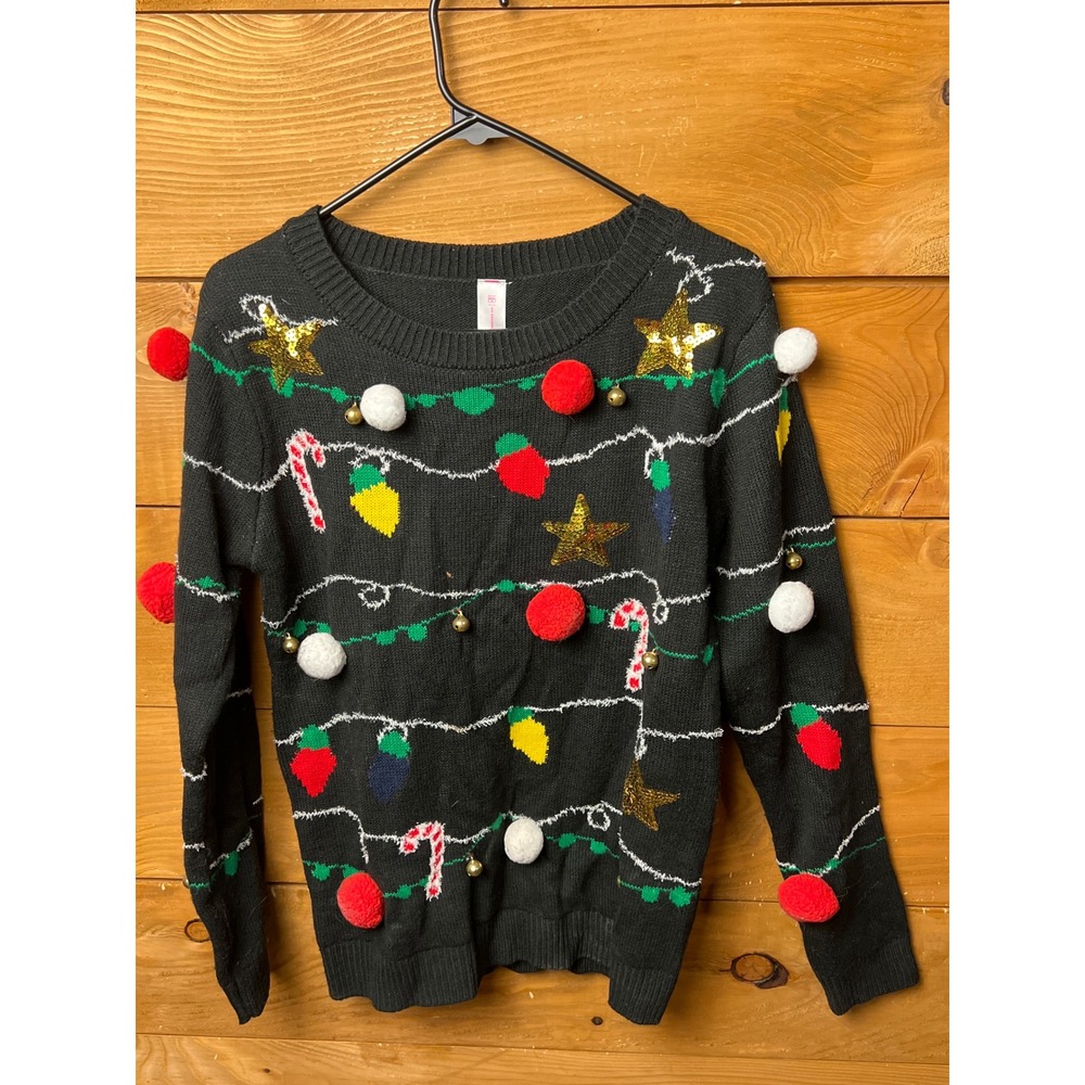 No Boundaries Ugly Christmas Sweater Lrg Black Pom Pom Lights Candy Cane Holiday